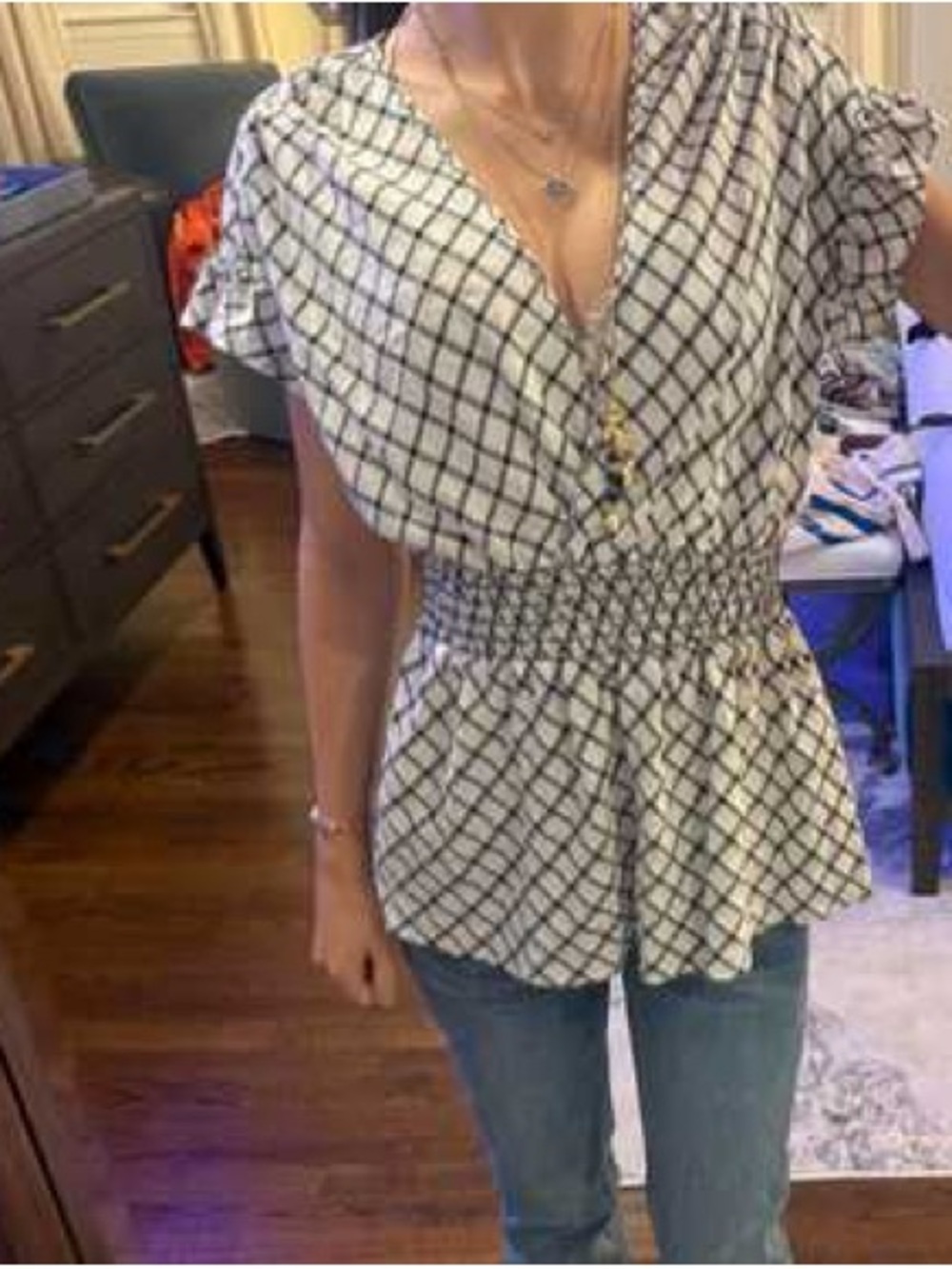 V-Neck Smocked Waist Grid Print Blouse - White/Black